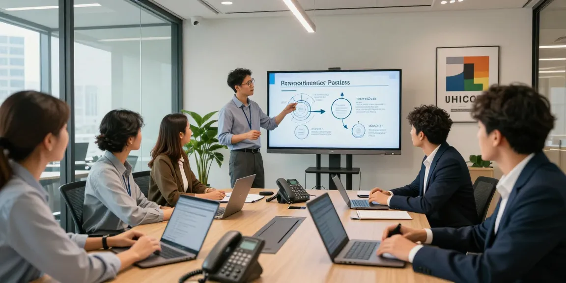Team collaborating on business telephone systems in a modern office setting, showcasing engagement and professional atmosphere.