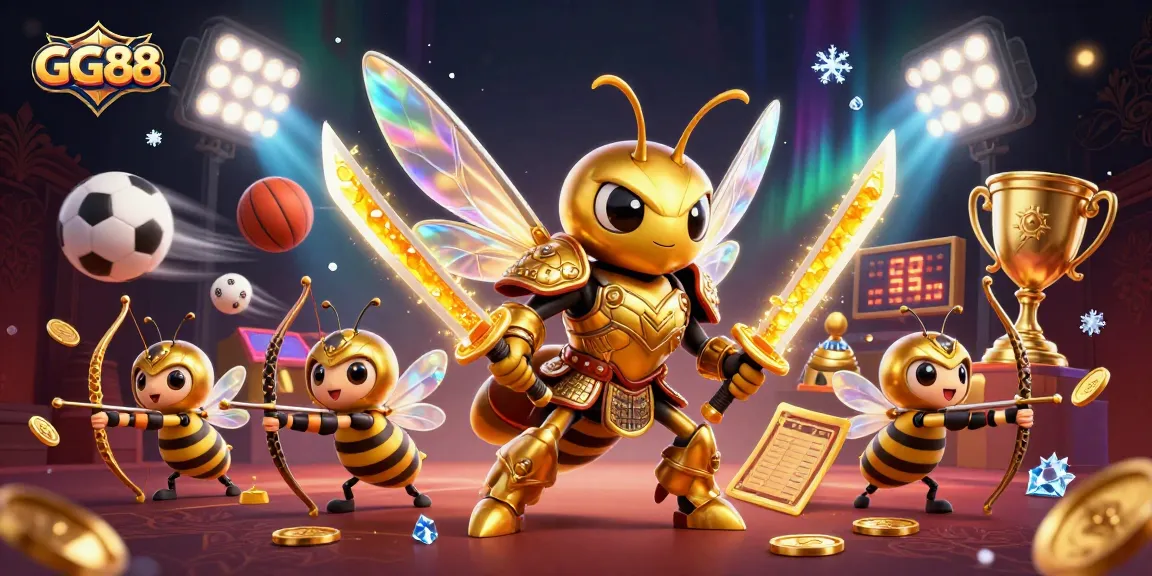 Experience the vibrant GG88 gaming scene with golden hornet warriors battling amidst dynamic sports elements.
