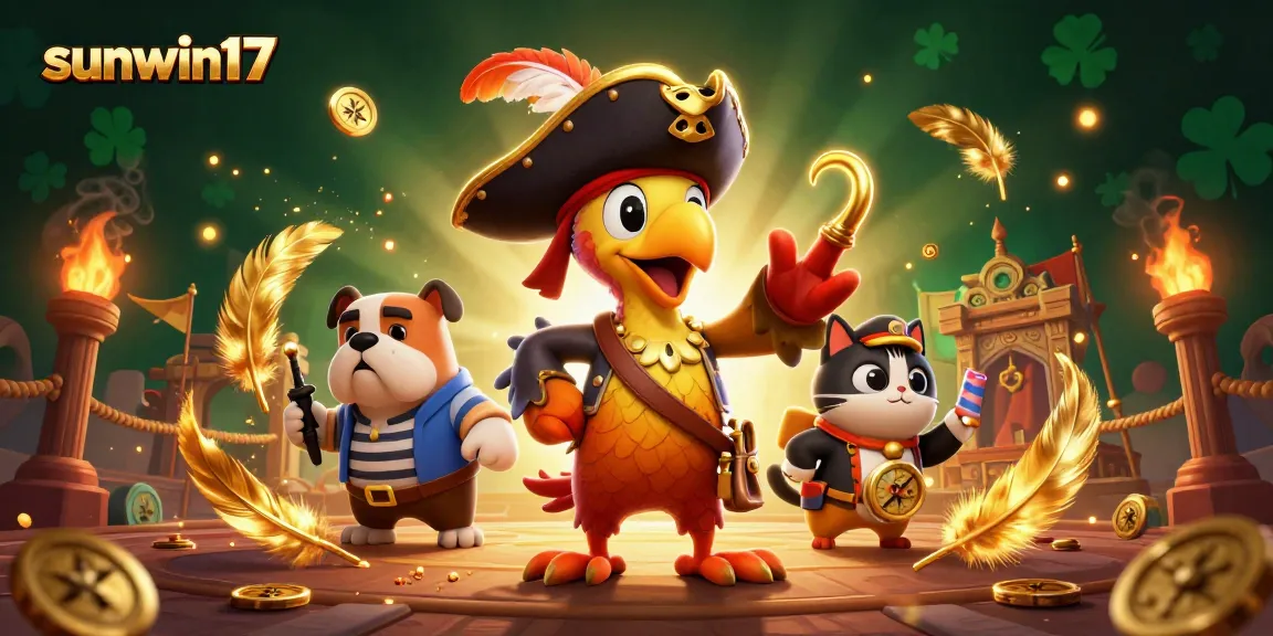 Experience the thrill of sunwin17 at a vibrant online casino, surrounded by a pirate captain and dynamic game elements.