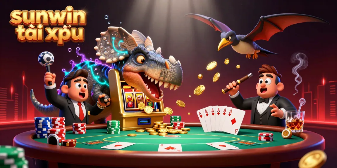 Experience the excitement of sunwin tài xỉu with this vibrant 3D illustration featuring dinosaurs in a casino scene.