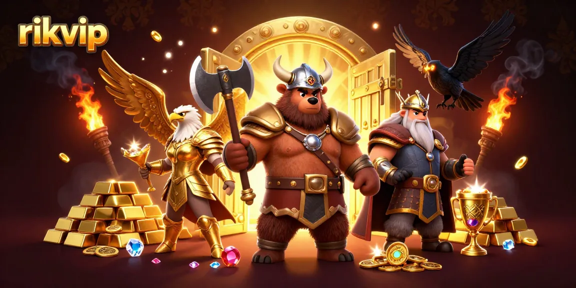 Engage in thrilling wins at rikvip with a Viking berserker and Valkyrie illustration in a vibrant casino scene.