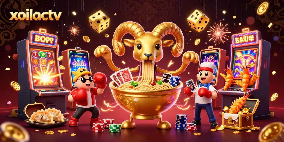 Engage with xoilactv's vibrant casino world featuring a golden ramen bowl dealer amidst dynamic jackpots.