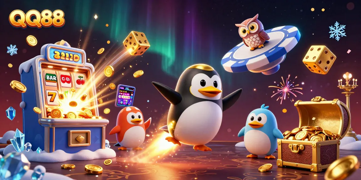Engage with QQ88's exciting world of online slots and jackpots featuring a vibrant golden penguin.