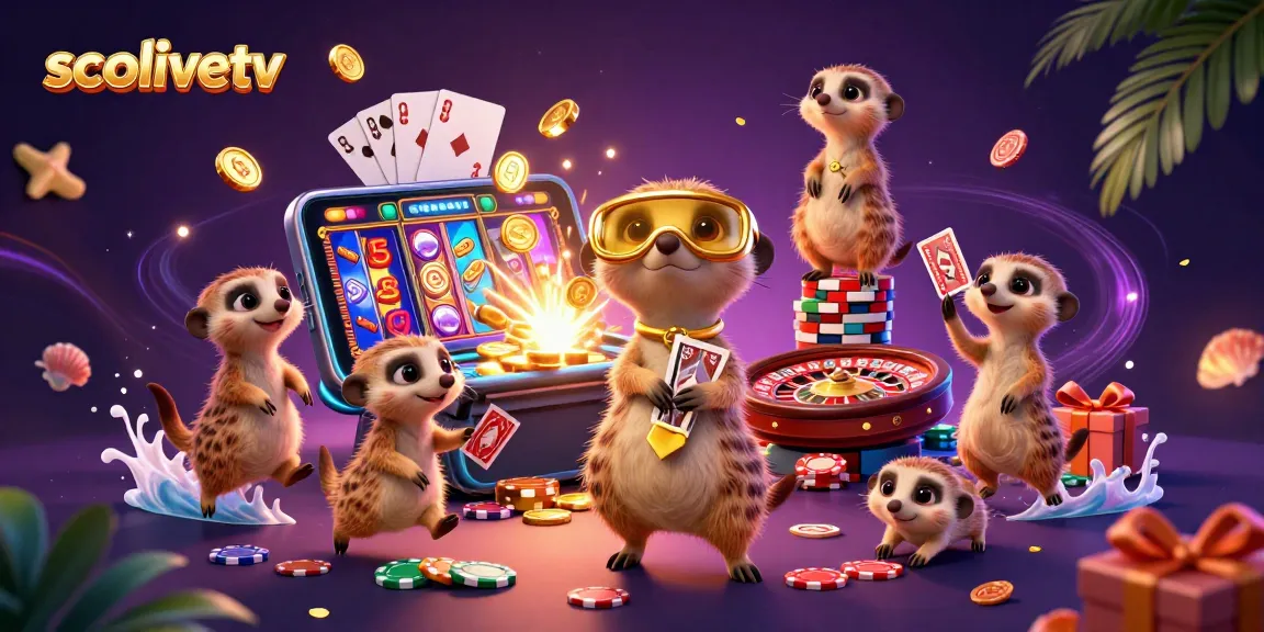 Socolivetv casino meerkats manage games amid vibrant tokens, showcasing slot action in a dynamic scene.