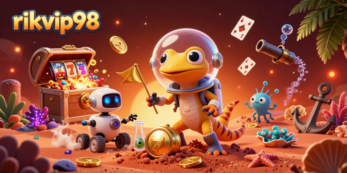 Explore the vibrant world of rikvip98 with a Martian gecko discovering a golden casino amidst thrilling game elements.