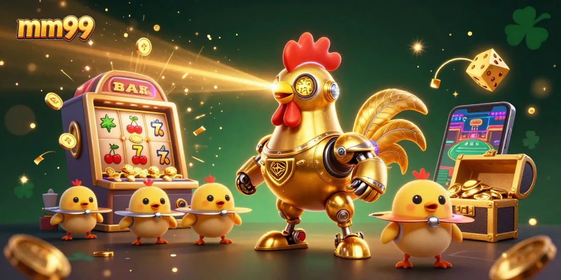 Engage in thrilling gameplay at mm99 with a vibrant casino experience featuring a golden rooster robot.
