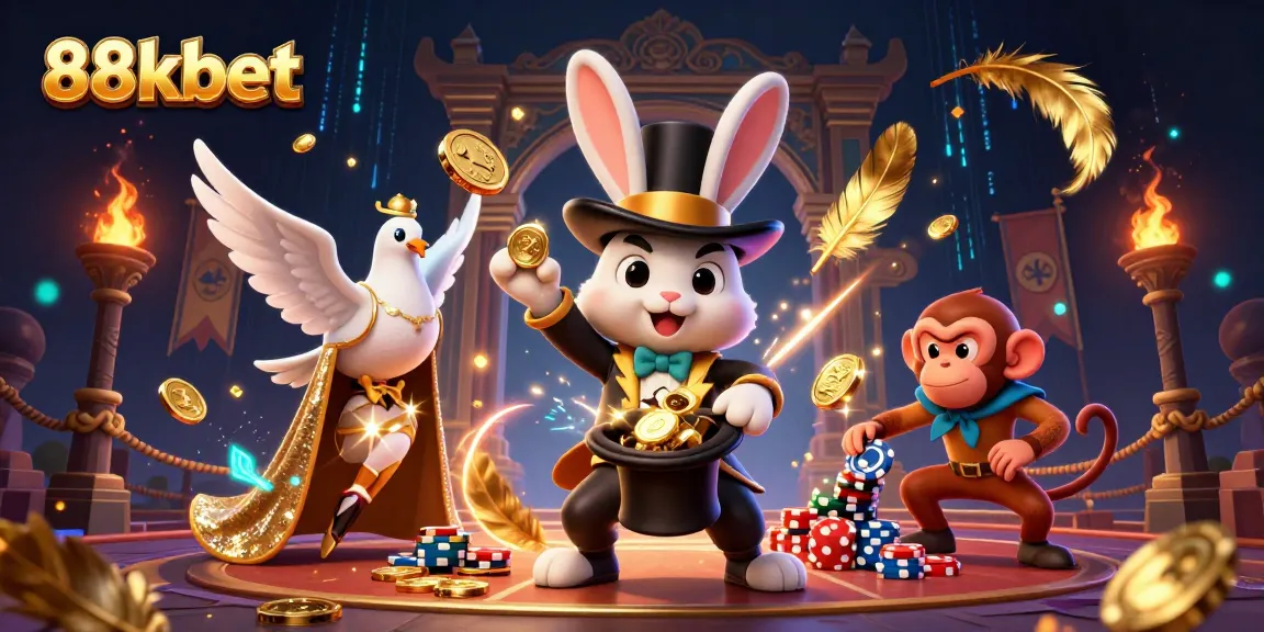 Experience exciting games at 88kbet with a thrilling 3D casino scene featuring magical characters.